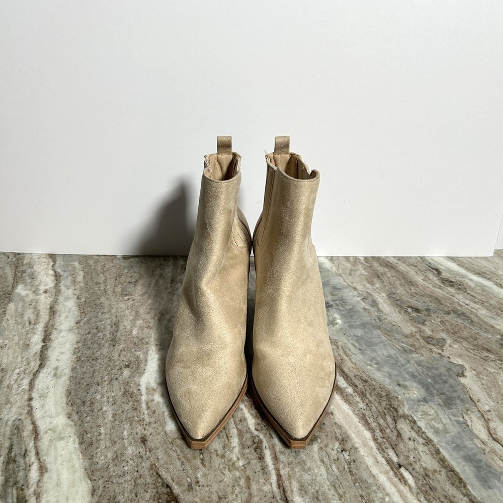 Imily Bela Womens 7.5 Ankle Booties Block High Heels Beige Faux Suede Pointed